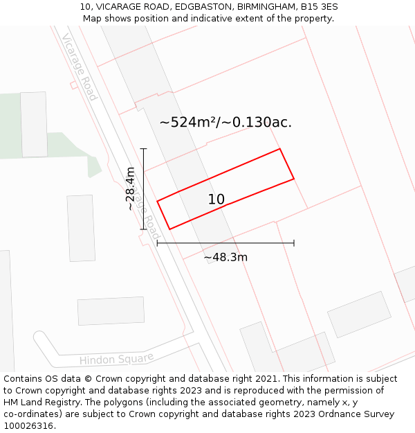10, VICARAGE ROAD, EDGBASTON, BIRMINGHAM, B15 3ES: Plot and title map