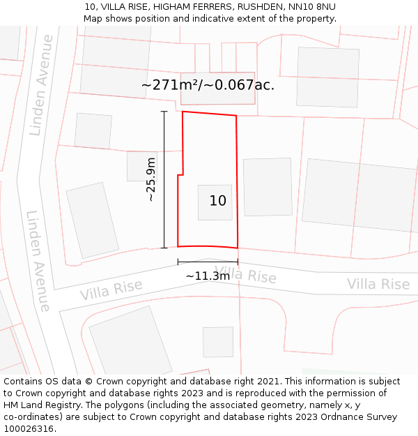10, VILLA RISE, HIGHAM FERRERS, RUSHDEN, NN10 8NU: Plot and title map