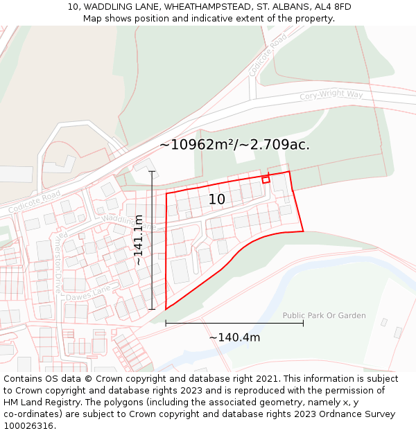 10, WADDLING LANE, WHEATHAMPSTEAD, ST. ALBANS, AL4 8FD: Plot and title map