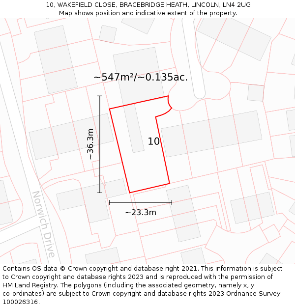 10, WAKEFIELD CLOSE, BRACEBRIDGE HEATH, LINCOLN, LN4 2UG: Plot and title map