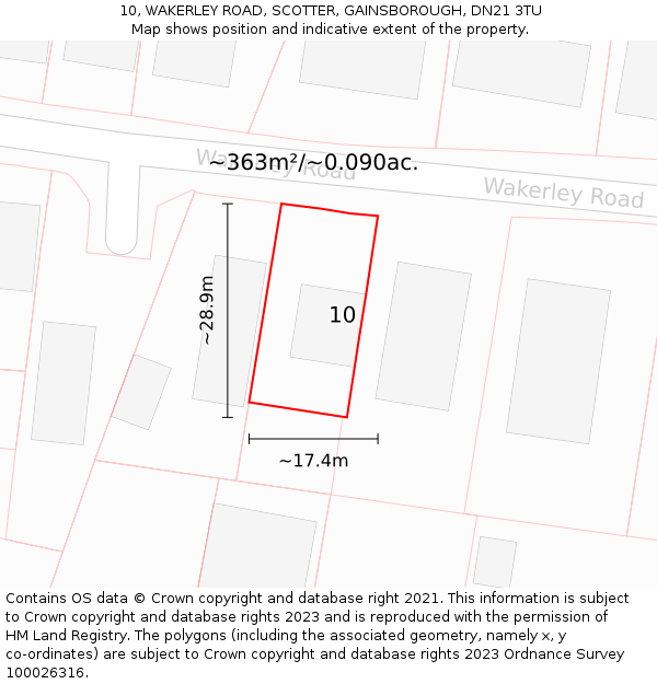 10, WAKERLEY ROAD, SCOTTER, GAINSBOROUGH, DN21 3TU: Plot and title map