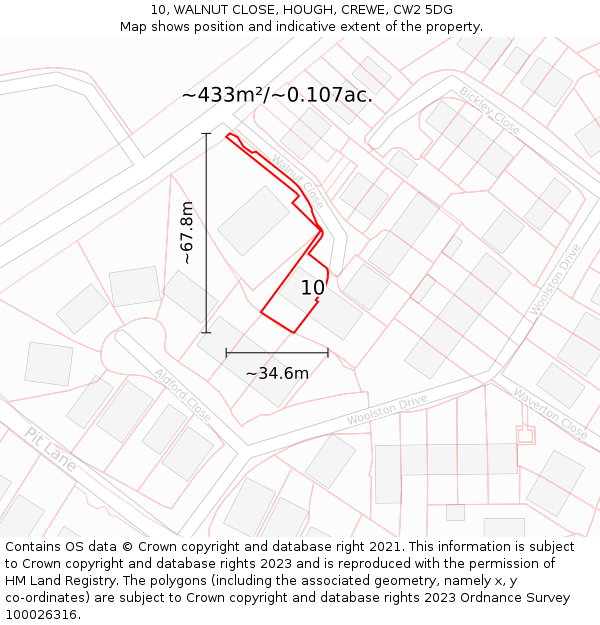 10, WALNUT CLOSE, HOUGH, CREWE, CW2 5DG: Plot and title map