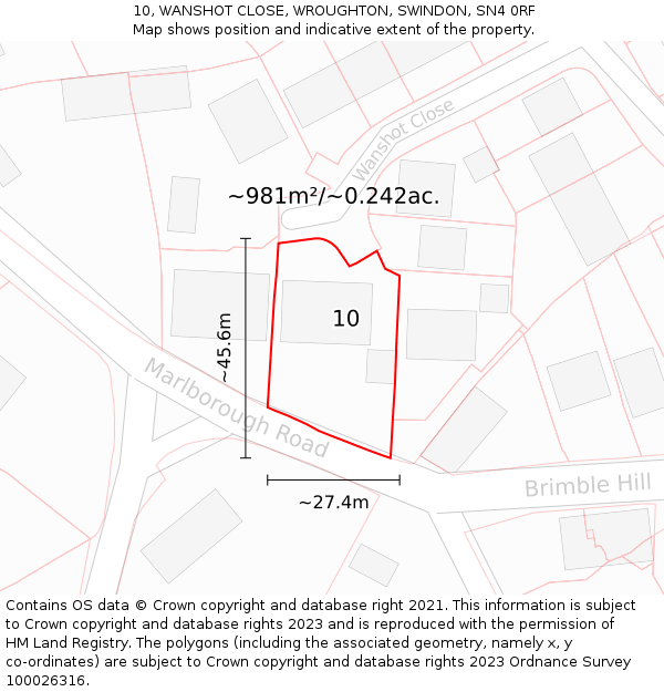 10, WANSHOT CLOSE, WROUGHTON, SWINDON, SN4 0RF: Plot and title map