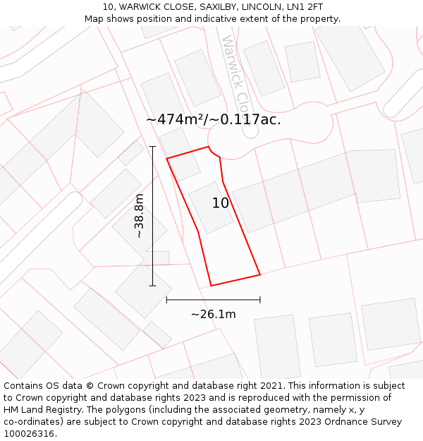 10, WARWICK CLOSE, SAXILBY, LINCOLN, LN1 2FT: Plot and title map
