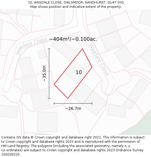 10, WASDALE CLOSE, OWLSMOOR, SANDHURST, GU47 0YQ: Plot and title map
