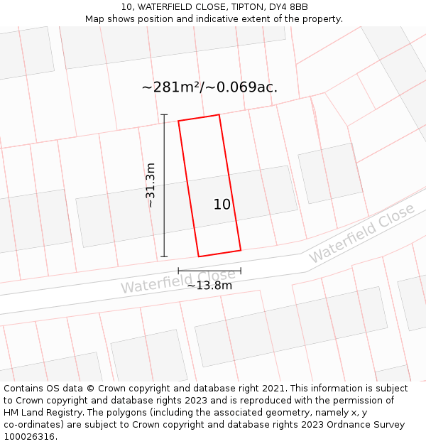 10, WATERFIELD CLOSE, TIPTON, DY4 8BB: Plot and title map