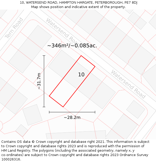 10, WATERSEND ROAD, HAMPTON HARGATE, PETERBOROUGH, PE7 8DJ: Plot and title map