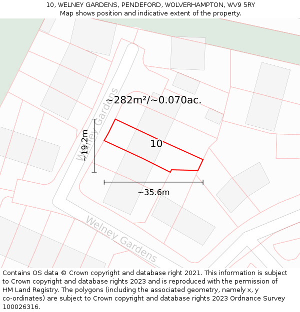 10, WELNEY GARDENS, PENDEFORD, WOLVERHAMPTON, WV9 5RY: Plot and title map