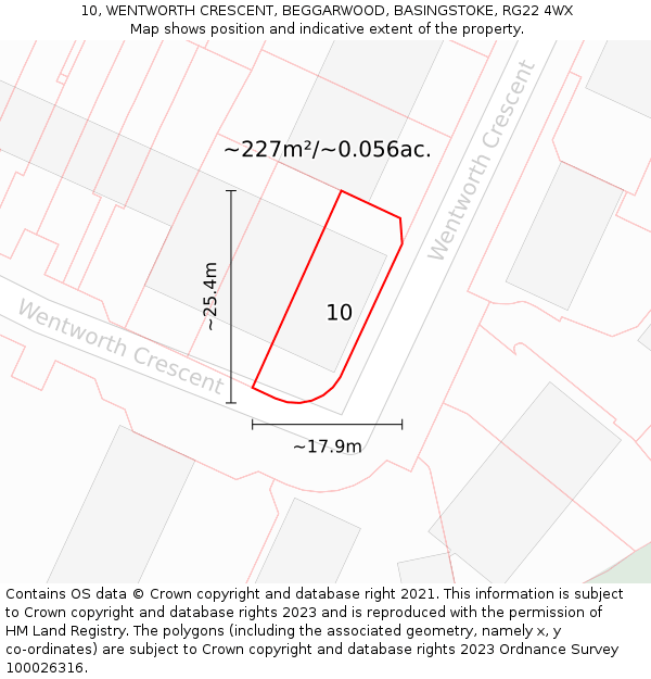 10, WENTWORTH CRESCENT, BEGGARWOOD, BASINGSTOKE, RG22 4WX: Plot and title map