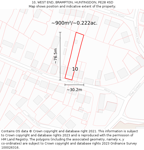 10, WEST END, BRAMPTON, HUNTINGDON, PE28 4SD: Plot and title map