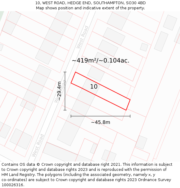 10, WEST ROAD, HEDGE END, SOUTHAMPTON, SO30 4BD: Plot and title map