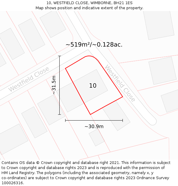 10, WESTFIELD CLOSE, WIMBORNE, BH21 1ES: Plot and title map