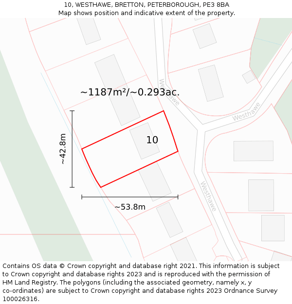 10, WESTHAWE, BRETTON, PETERBOROUGH, PE3 8BA: Plot and title map