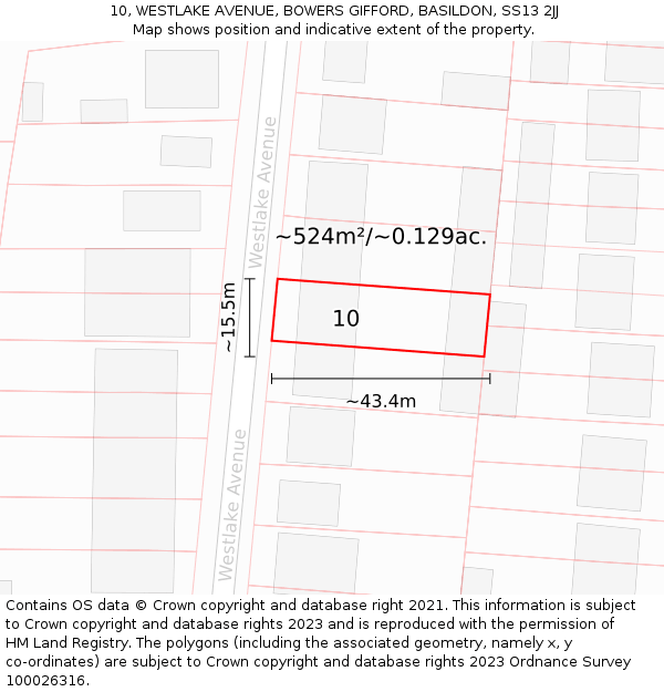 10, WESTLAKE AVENUE, BOWERS GIFFORD, BASILDON, SS13 2JJ: Plot and title map