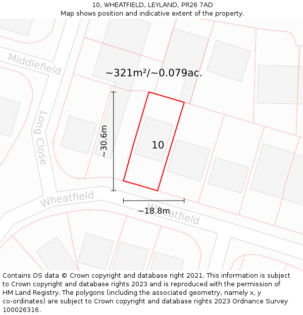 10, WHEATFIELD, LEYLAND, PR26 7AD: Plot and title map