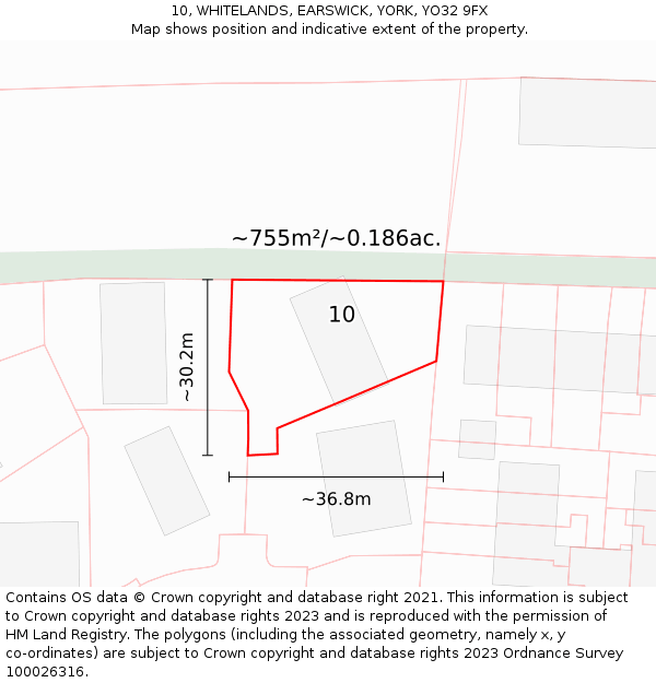 10, WHITELANDS, EARSWICK, YORK, YO32 9FX: Plot and title map