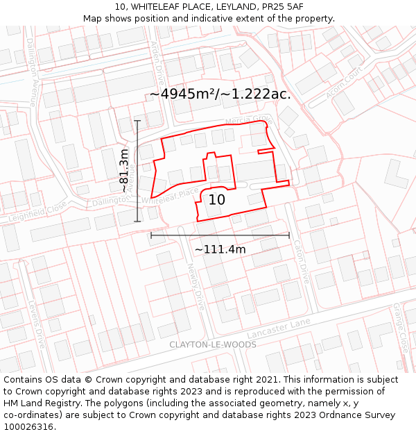 10, WHITELEAF PLACE, LEYLAND, PR25 5AF: Plot and title map