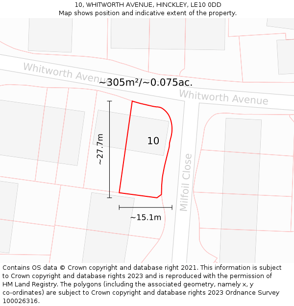 10, WHITWORTH AVENUE, HINCKLEY, LE10 0DD: Plot and title map