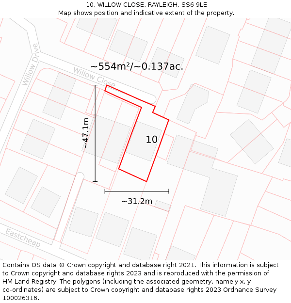 10, WILLOW CLOSE, RAYLEIGH, SS6 9LE: Plot and title map