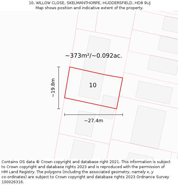 10, WILLOW CLOSE, SKELMANTHORPE, HUDDERSFIELD, HD8 9UJ: Plot and title map