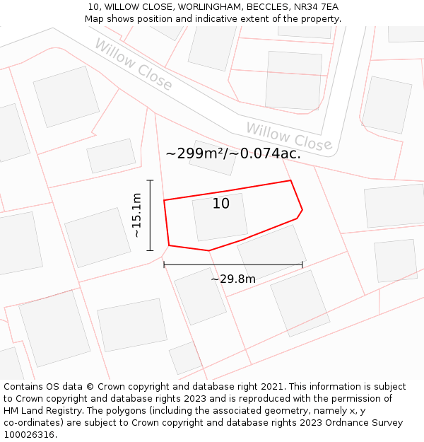 10, WILLOW CLOSE, WORLINGHAM, BECCLES, NR34 7EA: Plot and title map