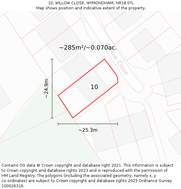 10, WILLOW CLOSE, WYMONDHAM, NR18 0TL: Plot and title map