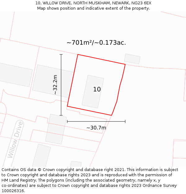 10, WILLOW DRIVE, NORTH MUSKHAM, NEWARK, NG23 6EX: Plot and title map