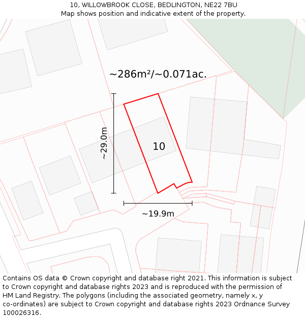 10, WILLOWBROOK CLOSE, BEDLINGTON, NE22 7BU: Plot and title map