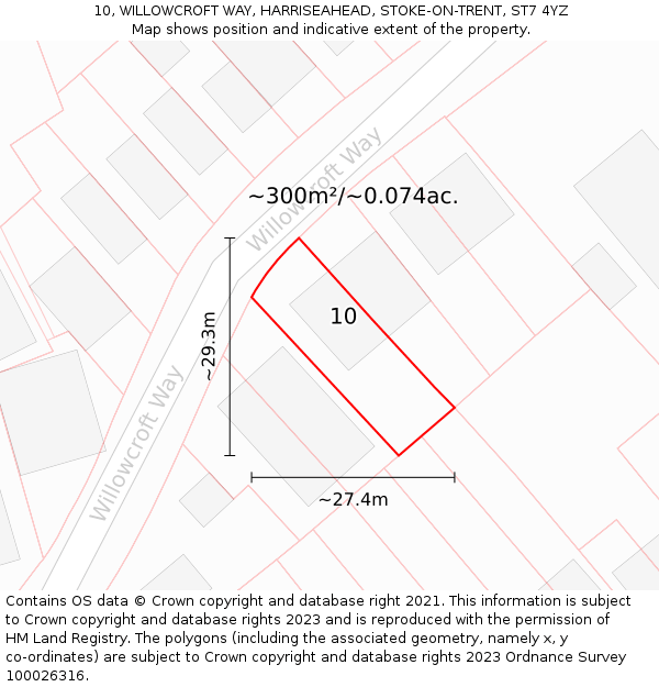 10, WILLOWCROFT WAY, HARRISEAHEAD, STOKE-ON-TRENT, ST7 4YZ: Plot and title map