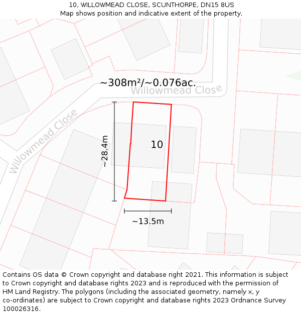 10, WILLOWMEAD CLOSE, SCUNTHORPE, DN15 8US: Plot and title map
