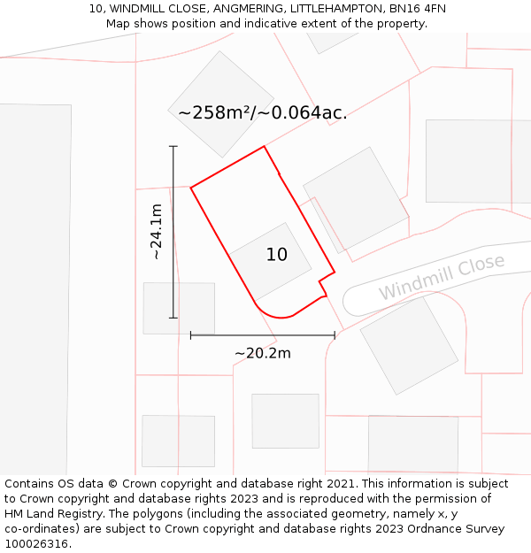 10, WINDMILL CLOSE, ANGMERING, LITTLEHAMPTON, BN16 4FN: Plot and title map