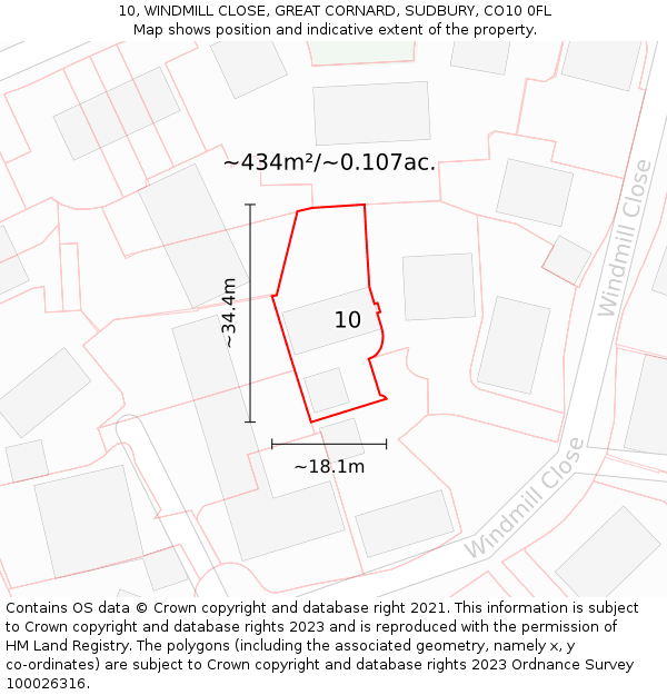 10, WINDMILL CLOSE, GREAT CORNARD, SUDBURY, CO10 0FL: Plot and title map