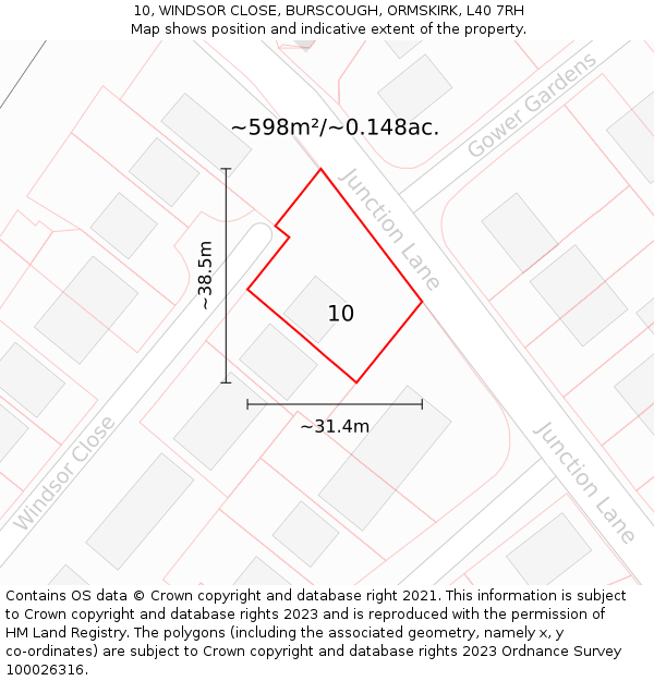 10, WINDSOR CLOSE, BURSCOUGH, ORMSKIRK, L40 7RH: Plot and title map
