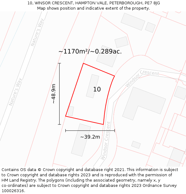 10, WINSOR CRESCENT, HAMPTON VALE, PETERBOROUGH, PE7 8JG: Plot and title map