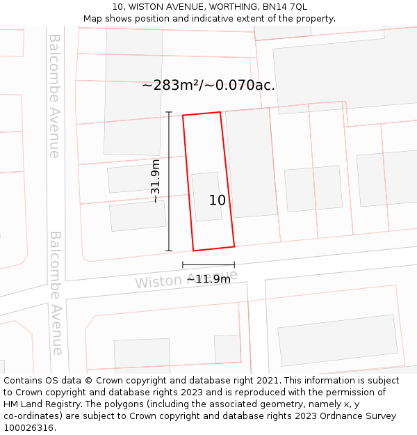 10, WISTON AVENUE, WORTHING, BN14 7QL: Plot and title map