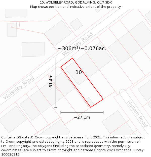 10, WOLSELEY ROAD, GODALMING, GU7 3DX: Plot and title map