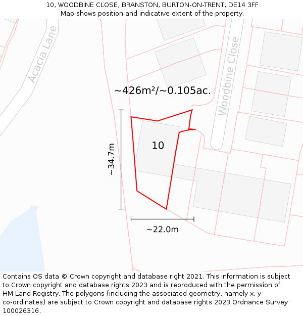 10, WOODBINE CLOSE, BRANSTON, BURTON-ON-TRENT, DE14 3FF: Plot and title map
