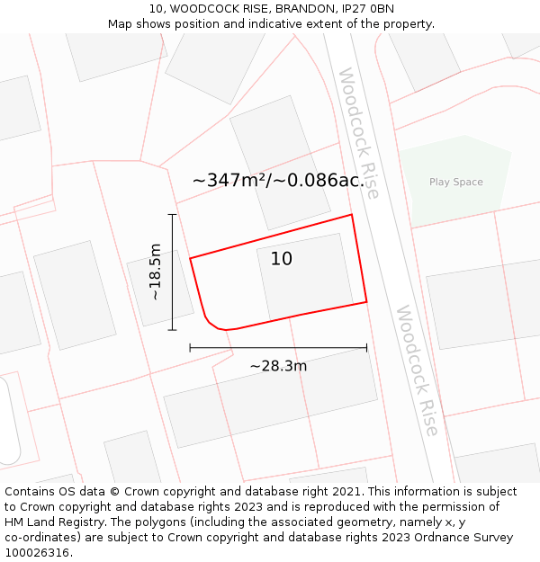 10, WOODCOCK RISE, BRANDON, IP27 0BN: Plot and title map