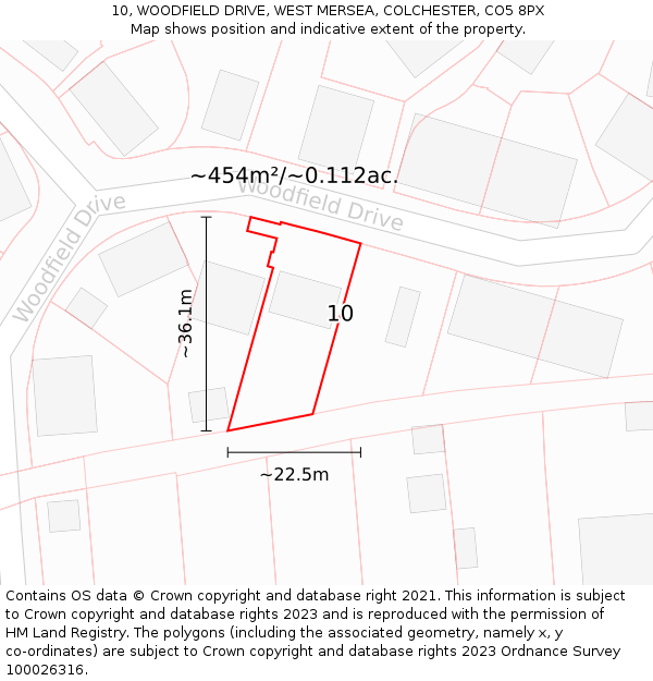 10, WOODFIELD DRIVE, WEST MERSEA, COLCHESTER, CO5 8PX: Plot and title map