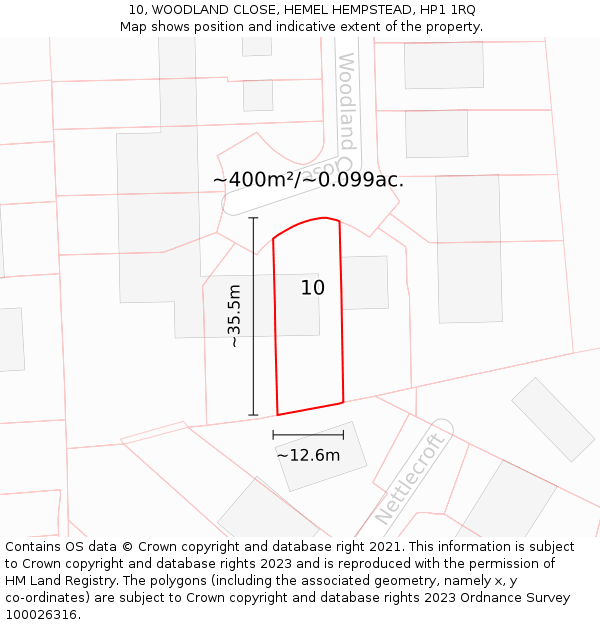 10, WOODLAND CLOSE, HEMEL HEMPSTEAD, HP1 1RQ: Plot and title map