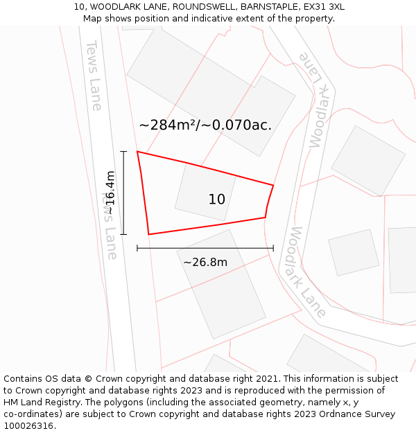 10, WOODLARK LANE, ROUNDSWELL, BARNSTAPLE, EX31 3XL: Plot and title map