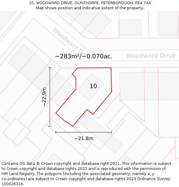 10, WOODWARD DRIVE, GUNTHORPE, PETERBOROUGH, PE4 7AX: Plot and title map