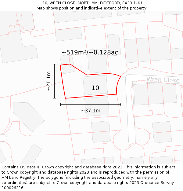 10, WREN CLOSE, NORTHAM, BIDEFORD, EX39 1UU: Plot and title map