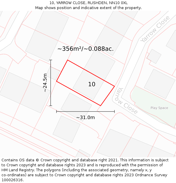10, YARROW CLOSE, RUSHDEN, NN10 0XL: Plot and title map
