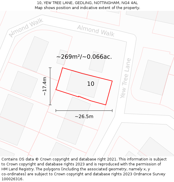 10, YEW TREE LANE, GEDLING, NOTTINGHAM, NG4 4AL: Plot and title map