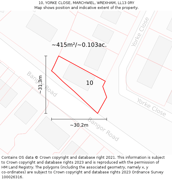 10, YORKE CLOSE, MARCHWIEL, WREXHAM, LL13 0RY: Plot and title map