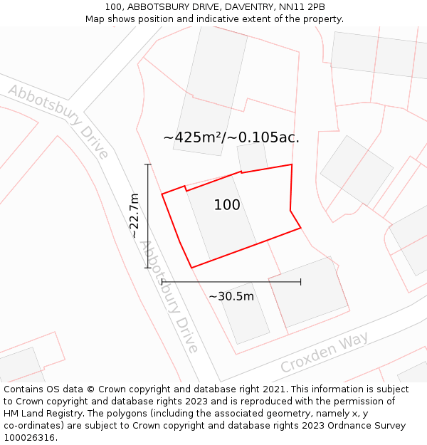 100, ABBOTSBURY DRIVE, DAVENTRY, NN11 2PB: Plot and title map