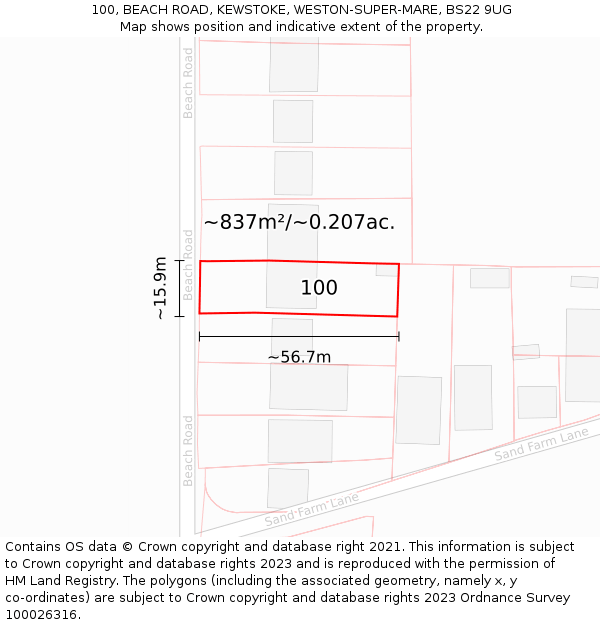 100, BEACH ROAD, KEWSTOKE, WESTON-SUPER-MARE, BS22 9UG: Plot and title map