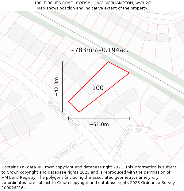 100, BIRCHES ROAD, CODSALL, WOLVERHAMPTON, WV8 2JP: Plot and title map
