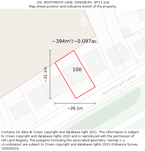 100, BOOTHROYD LANE, DEWSBURY, WF13 2LW: Plot and title map